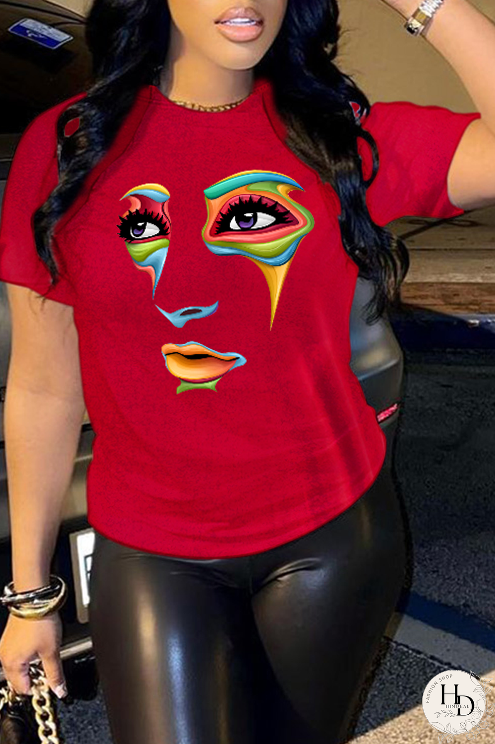 Red Street Vintage Print Patchwork O Neck T-Shirts