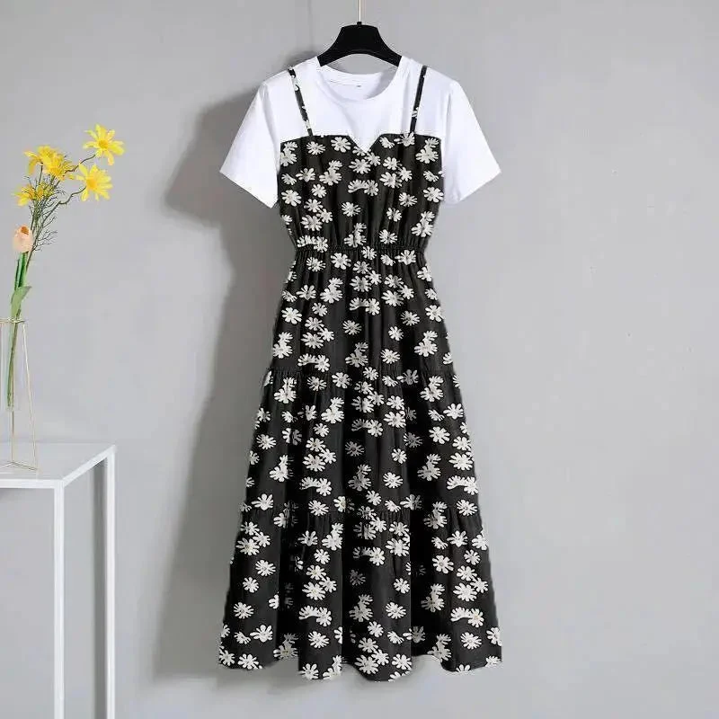 Oocharger Patchwork Women Midi Dress Large Size Fashion Floral Print Summer A Line Short Sleeve Casual O Neck Elastic Waist Vestidos