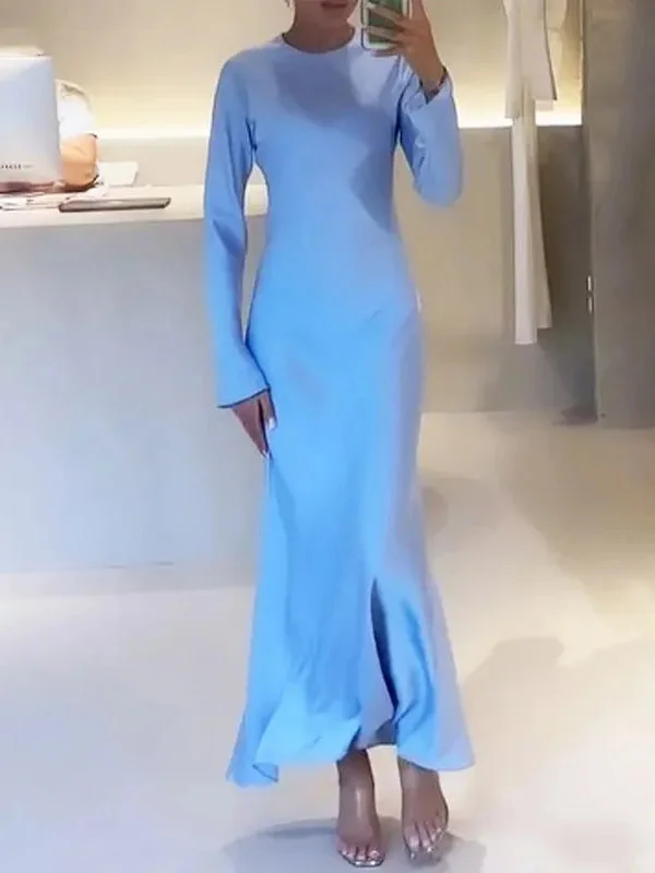 Solid Color Loose Long Sleeves Round-Neck Maxi Dresses