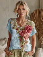 Women's Vintage Floral Art Linen Crew Neck Short Sleeve T-shirt - Image 6