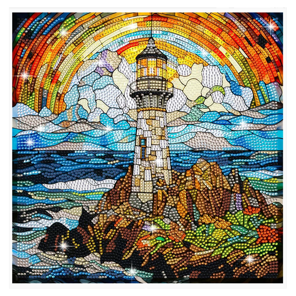 DIY Stained Glass Lighthouse Diamond Painting Sticker Creative Mosaic Sticker Craft
