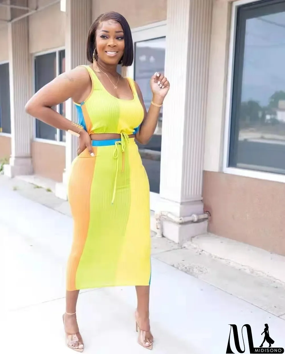 MidiSono - Plus Size Colorful Sleeveless Midi Skirt 2 Piece Sets