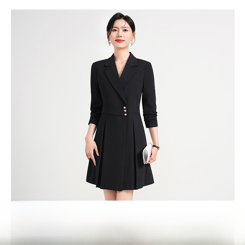 Elegant Hostess Suit Dress Women's Apricot Business Formal Gown Fashionable Waist-Cinched Suit Skirt Long Sleeve V-Neck A-Lin...