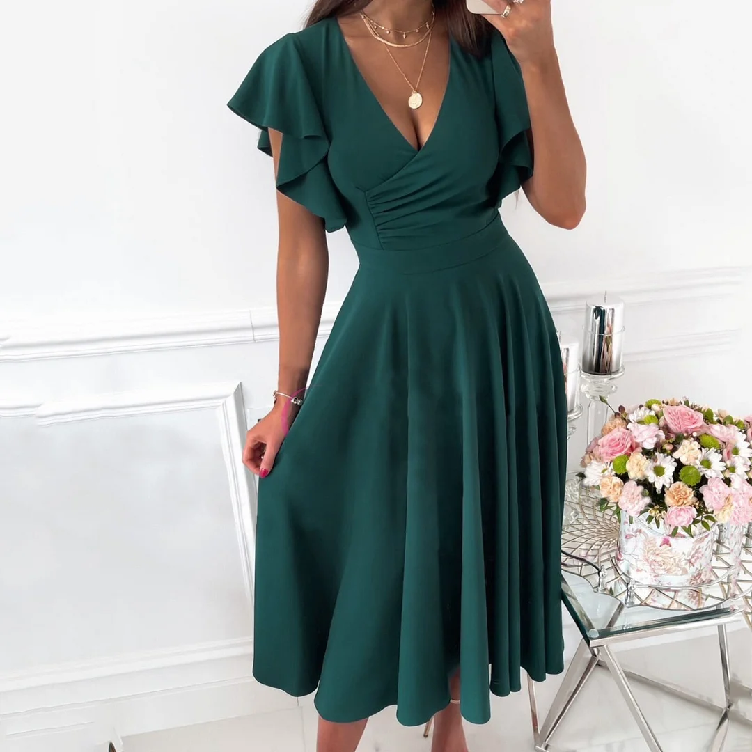 Summer Vintage Ruffled Midi Dress Women Elegant V-neck Puff Long Sleeve High Waist Ruffle Hem A-line Big Swing Vestidos Female
