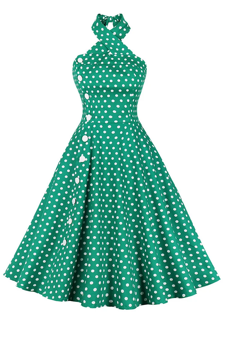1950s Green Party Polka Dot Halter Side Buttons Flare Swing Midi Dress
