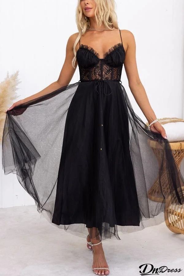 Carrie In Paris Tulle Lace Suspenders Party Maxi Dress