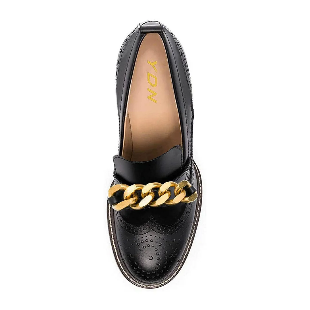 Trendy Black Round Toe Chain Decor Loafer Heels with Perforated