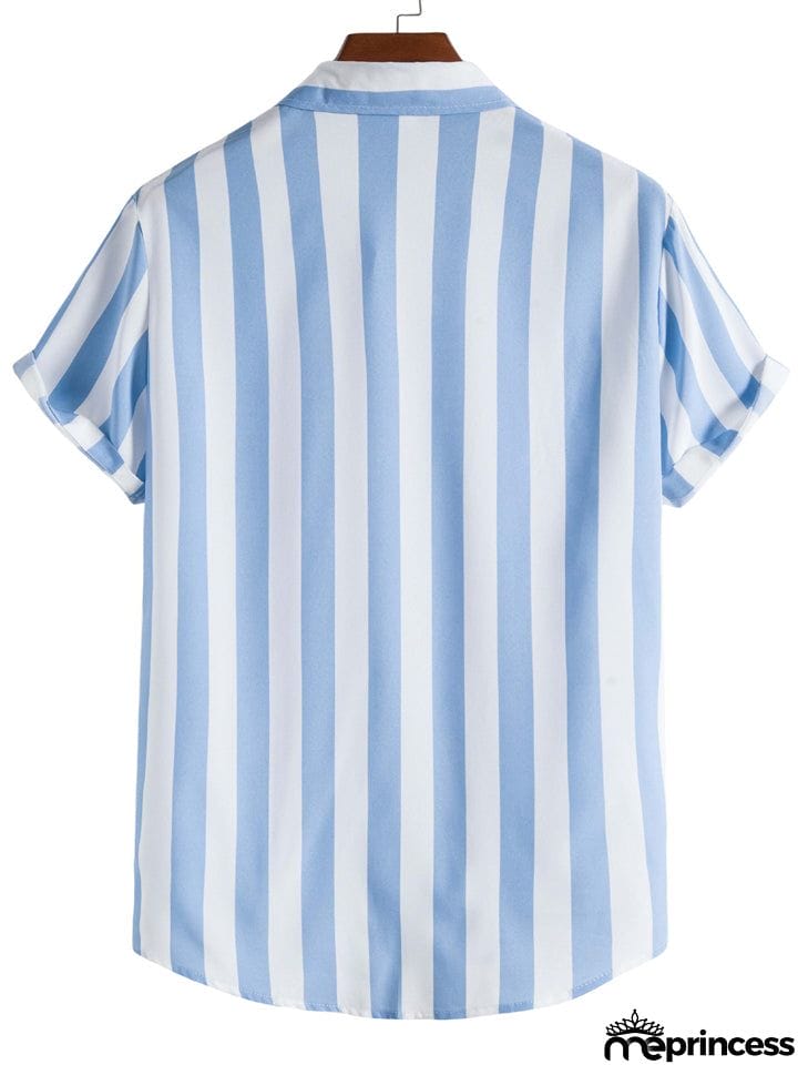 Men's Vertical Striped Button Down Aloha Shirt for Beach