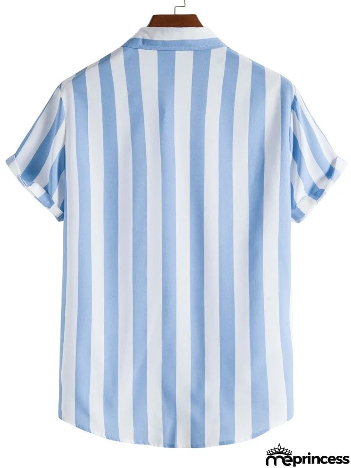 Men's Vertical Striped Button Down Aloha Shirt for Beach