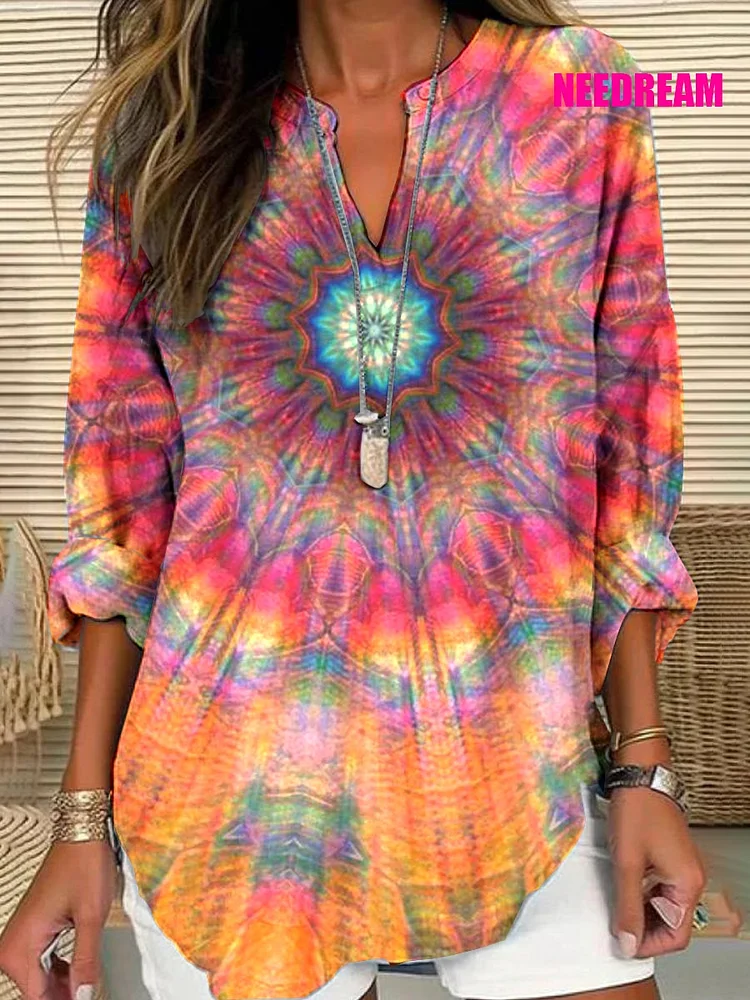 Womens Tie Dye Pattern Cotton Long Sleeve Crew Neck Shirt 