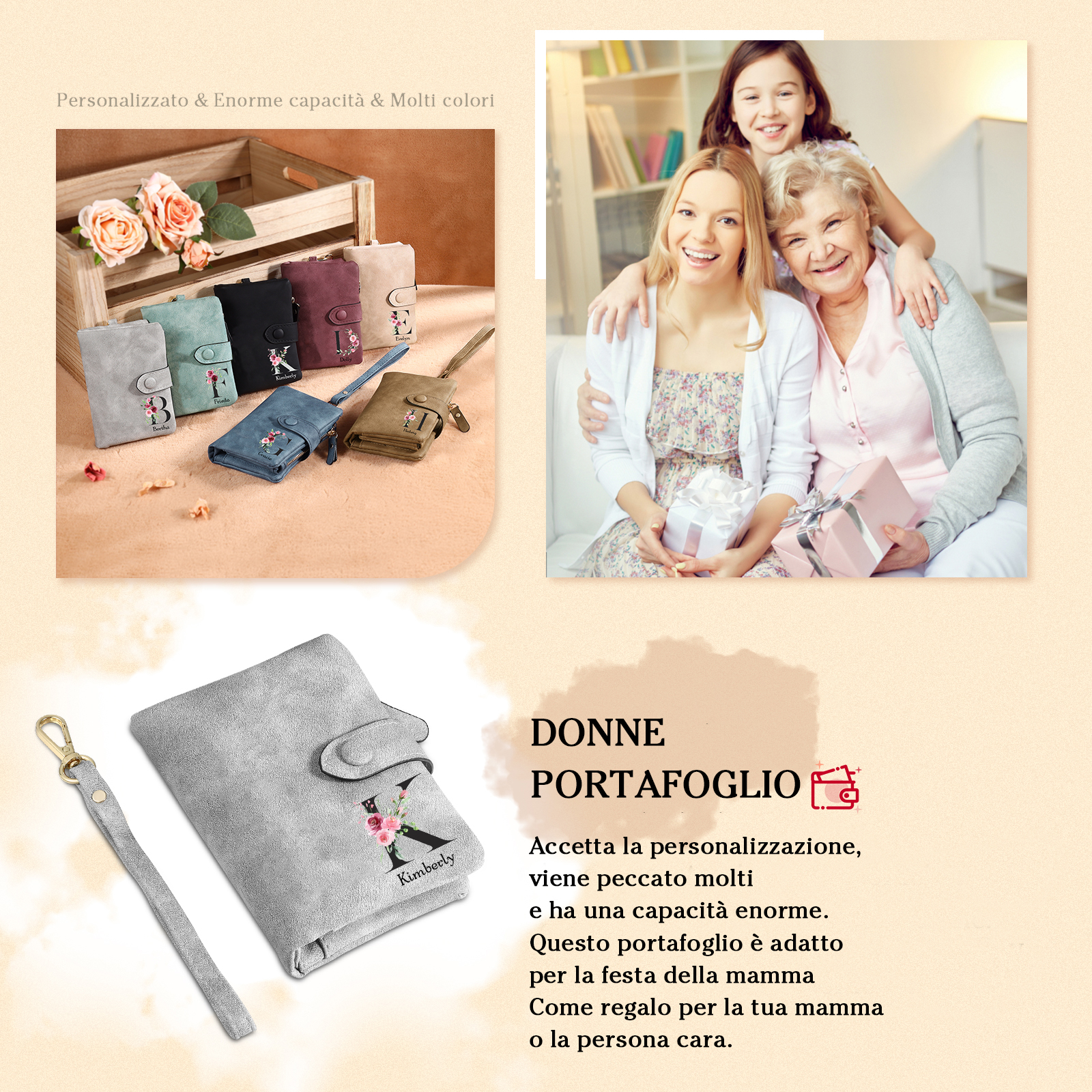 Portafoglio mano nella mano in PU pelle con 7 nomi & 1 testo & 1 lettera personalizzati per mamma
