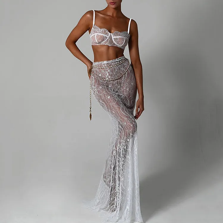 Sexy Sling Backless Two Piece Set Evening Dress Fishtail Skirt Set