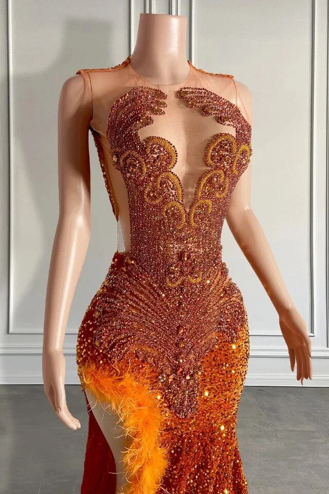 Classy Burnt Orange Sequins Evening Gown Mermaid Side Slit Long With Beadings Feathers Classy Burnt Orange Sequins Evening Gown Mermaid Side Slit Long With Beadings Feathers