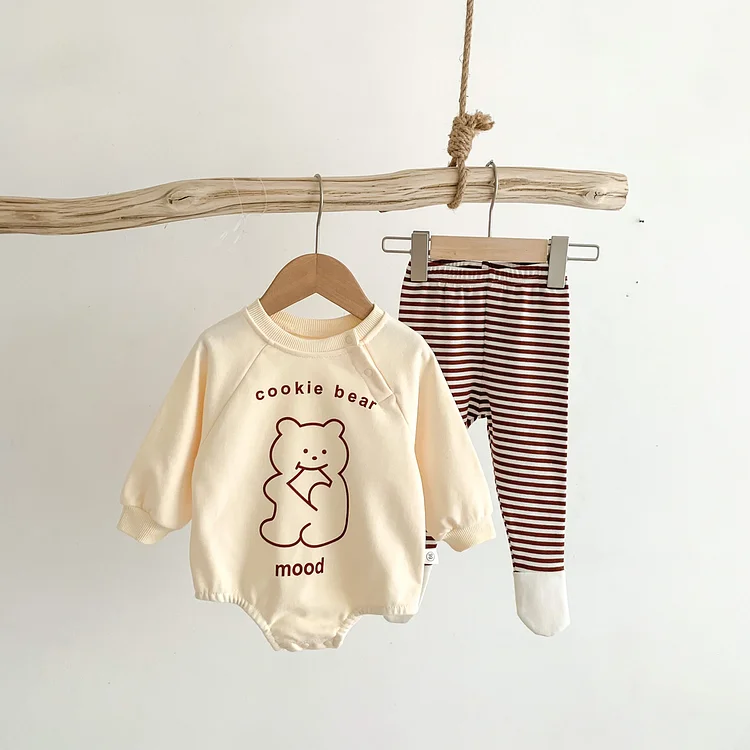 2pca Baby Boy/Girl Bear Print Bodysuit & Stripe Pants Set