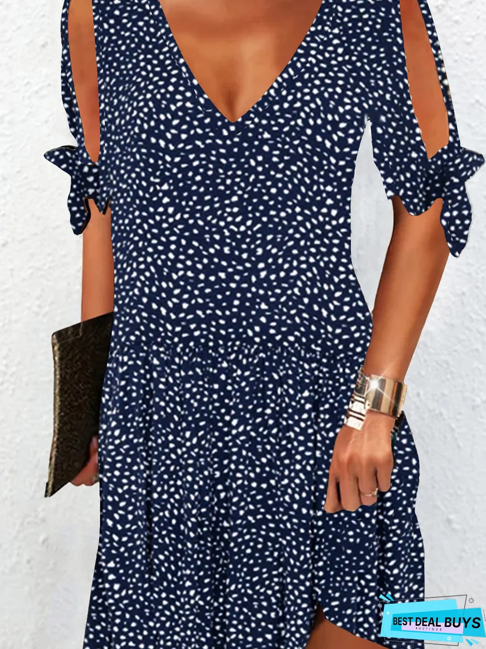 Casual V Neck Polka Dots Short Sleeve Woven Dress