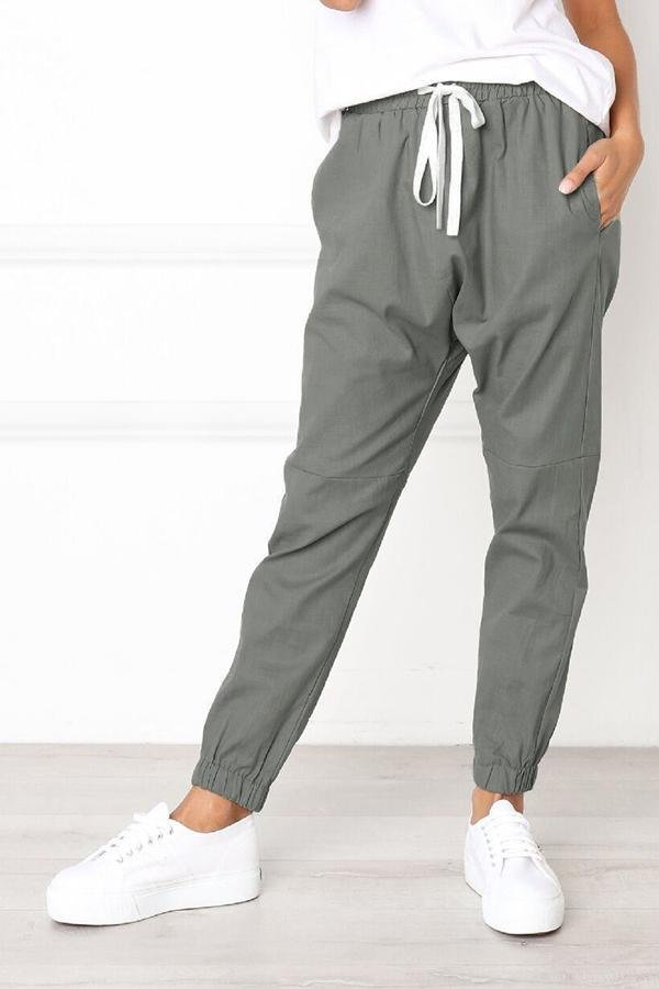 Womens Casual Plain Elastic Waist Pants-Allyzone-Allyzone