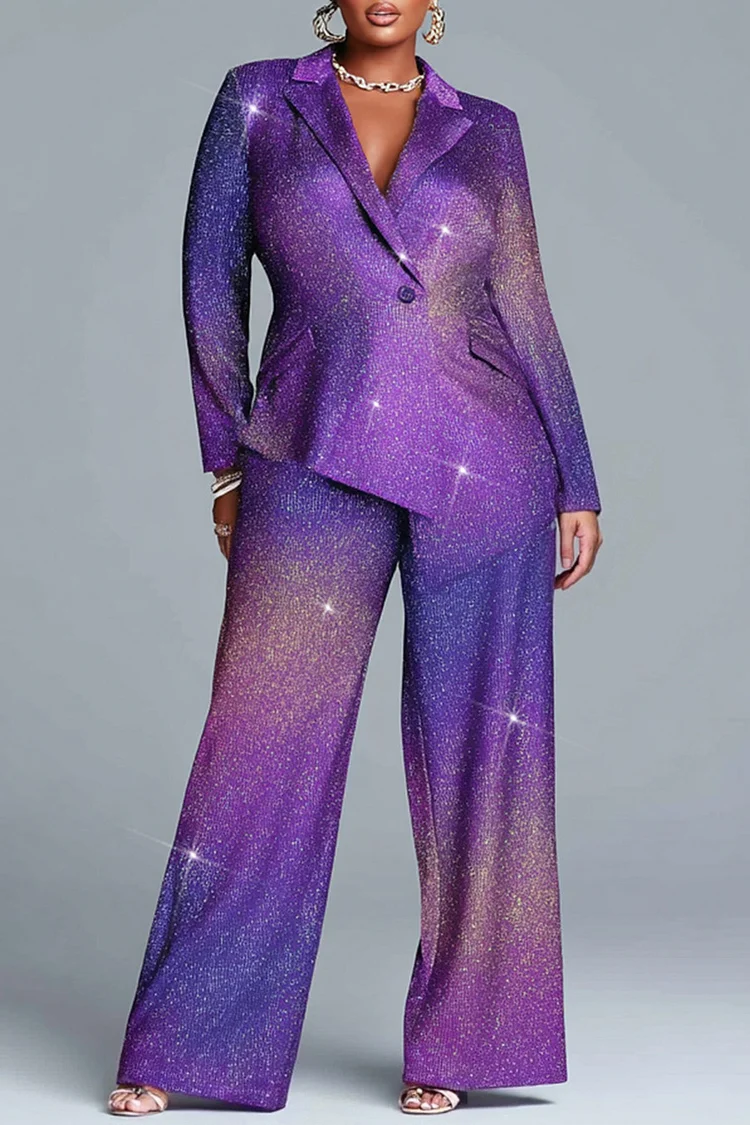 Xpluswear Design Plus Size Formal Purple Gradient Lapel Collar Long Sleeve Asymmetric Hem Elegant Glitter Two Piece Pant Suits [Pre-Order]