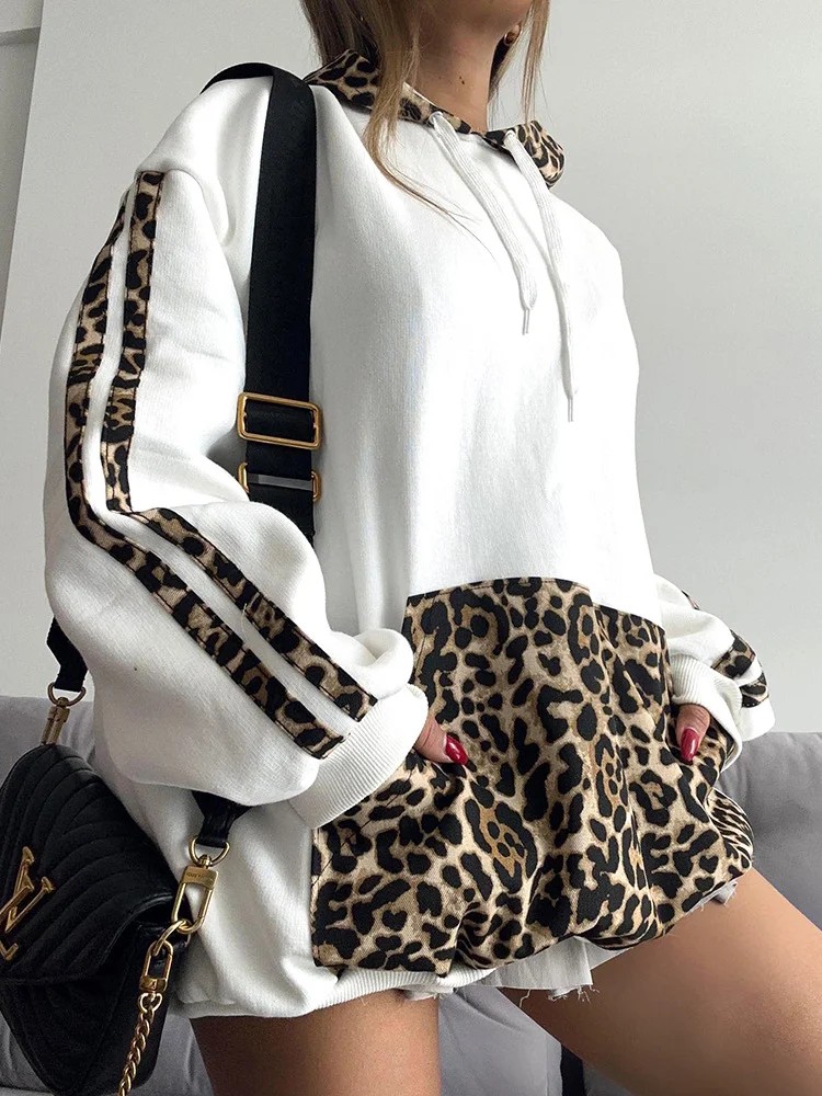 Uveng Uveng Has F24TP161 Women's Autumn And Winter New Leopard Splicing Drawstring Pocket Loose Casual Hooded Jacket