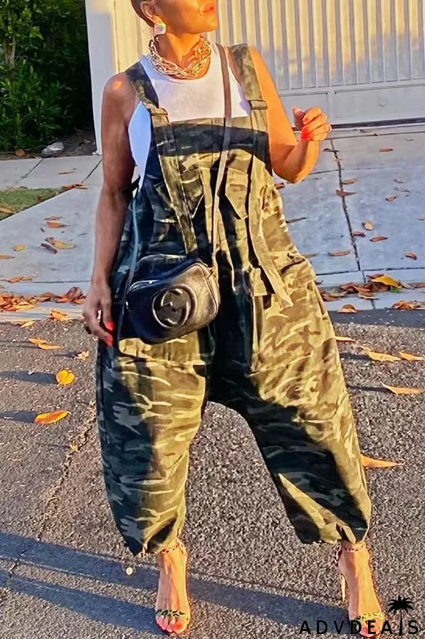 Women's Camo Casual Cargo Loose Suspender Jumpsuit
