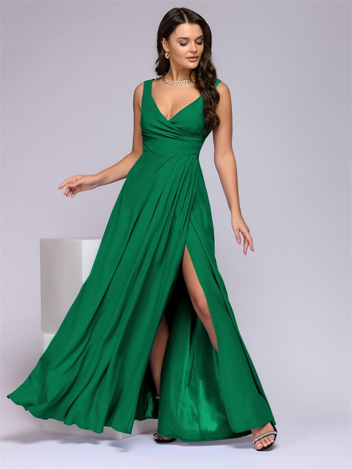 Summer Solid Color Sleeveless Waist-skimming Dress Group Dress Long Dress -vasmok