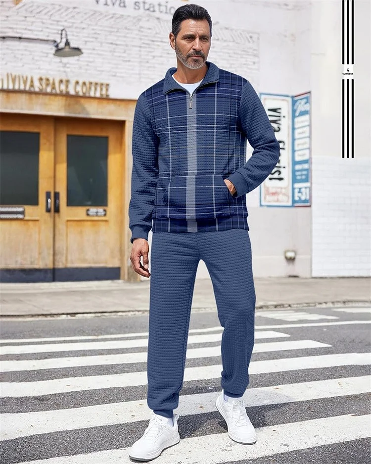 Men's Quarter Zipper Plaid Jacquard Jogging Set  018