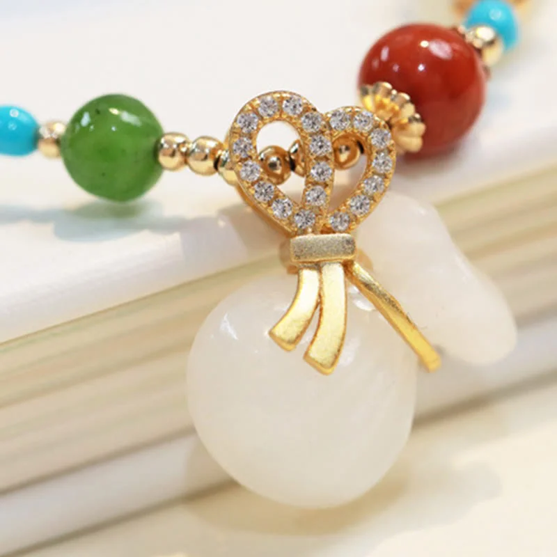 Natural Hetian White Jade 14K Gold Plated Money Bag Blessing Bracelet