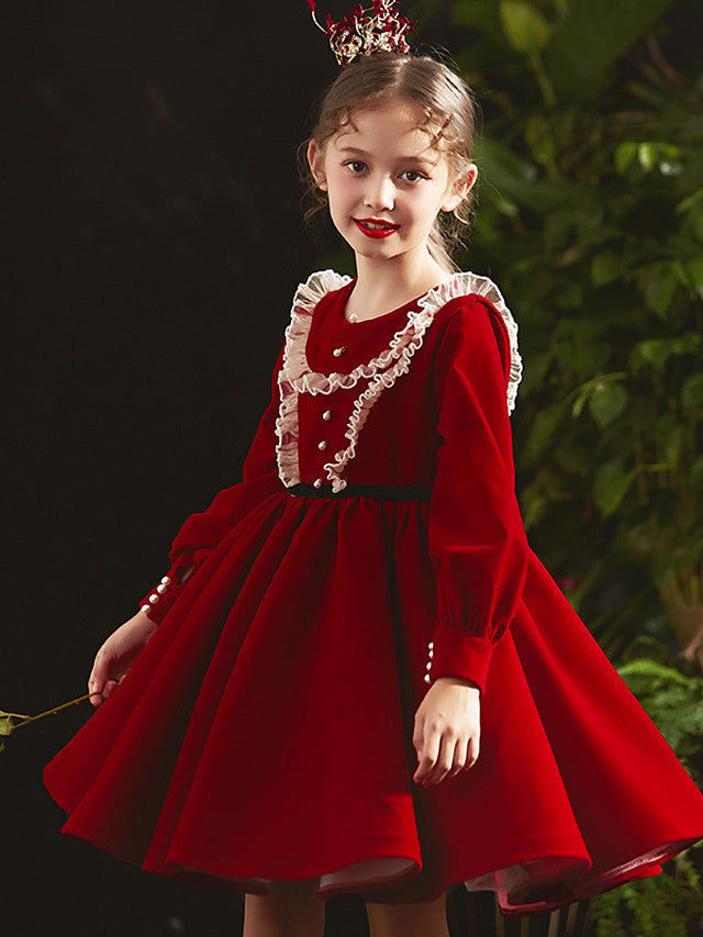 Oknass  A-Line Long Sleeve Jewel Neck Flower Girl Dresses Cotton Blend  With Lace Beading Cascading Ruffles