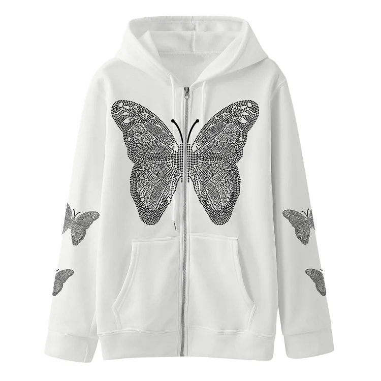 Butterfly Print Hoodie Zipper Sweatshirt Zip Up Hoodie at Hiphopee