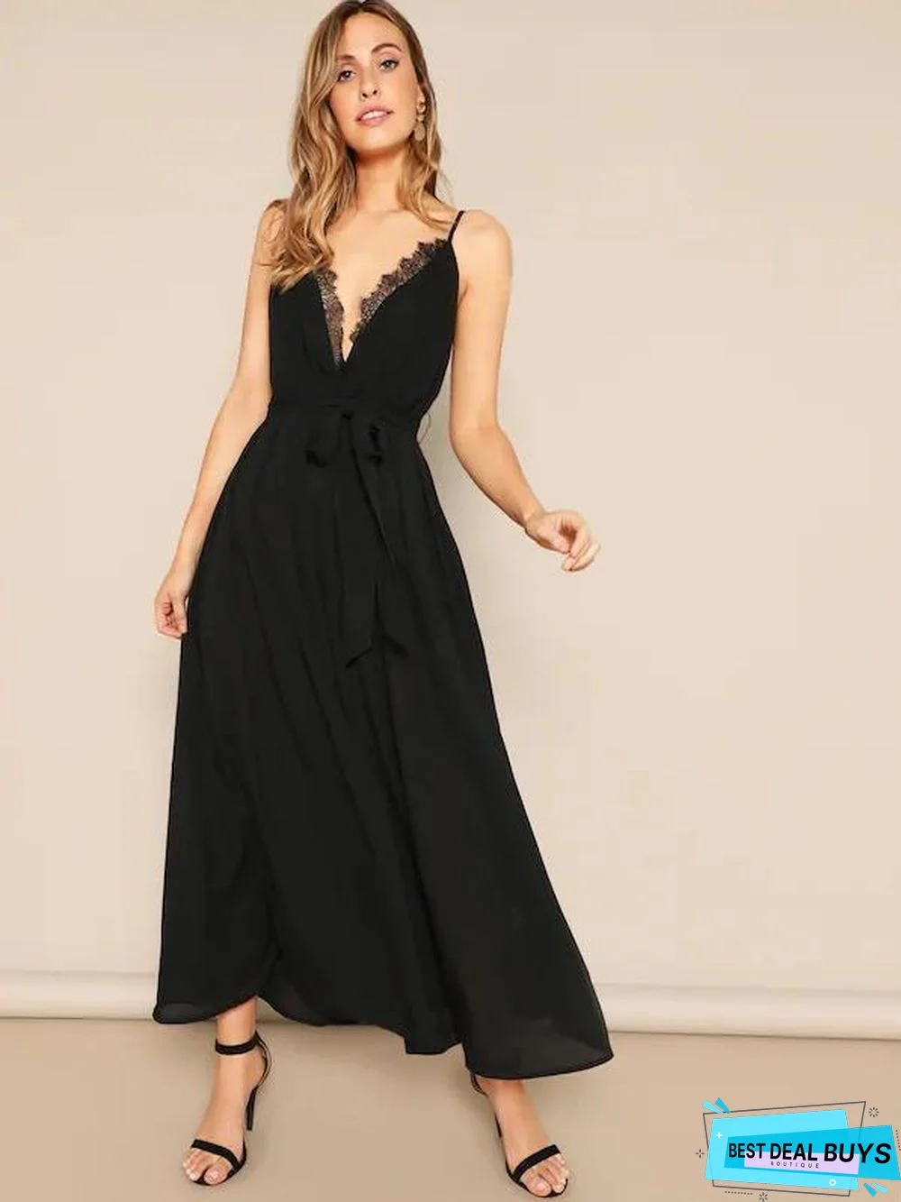 Plunging Neck Eyelash Lace Trim Belted Cami Dress