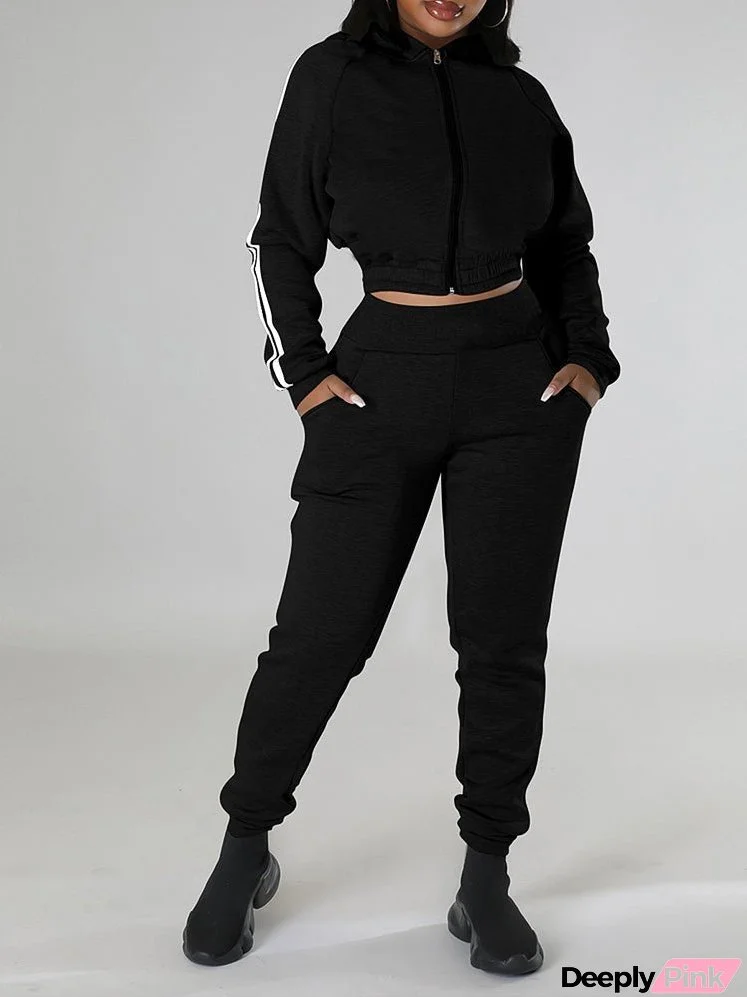 Casual Solid Stripe Hoodie Kinitted Two Piece Set