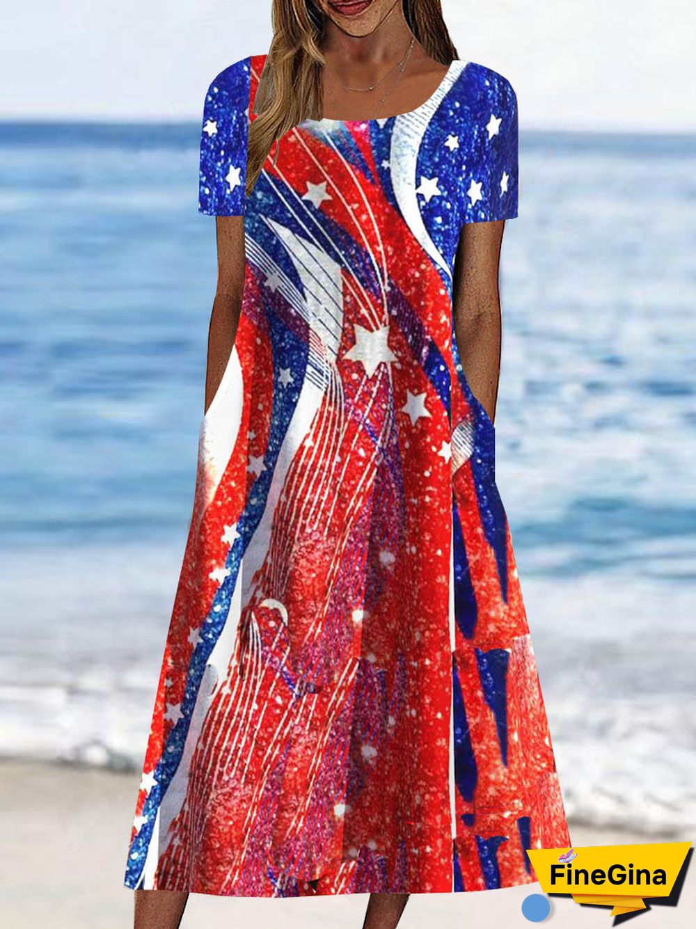 Women's Short Sleeve Scoop Neck Graphic National Flag Pockets Midi Dress