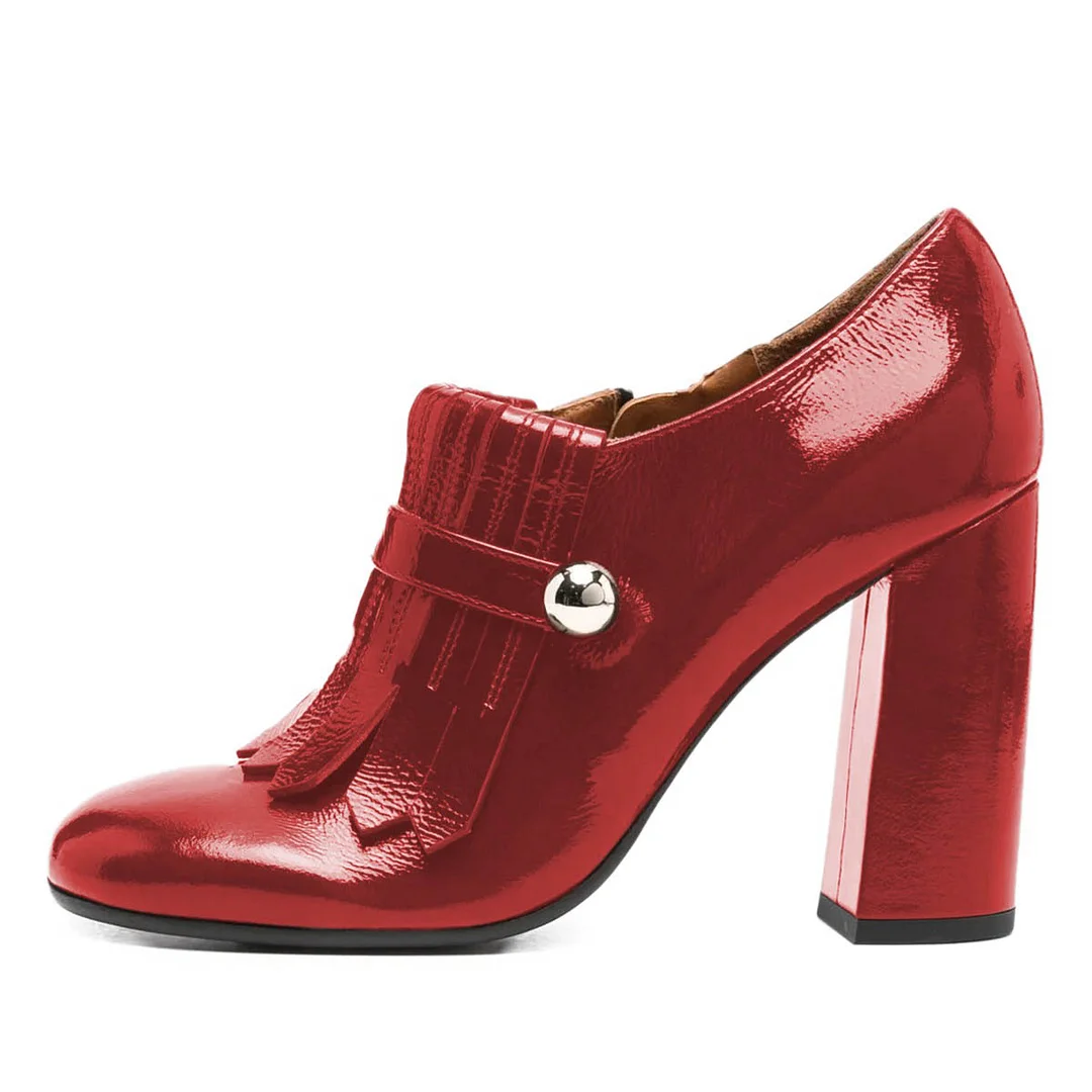 Chic Red Round Toe Chunky Heel Fringe Side Zipper Short Booties