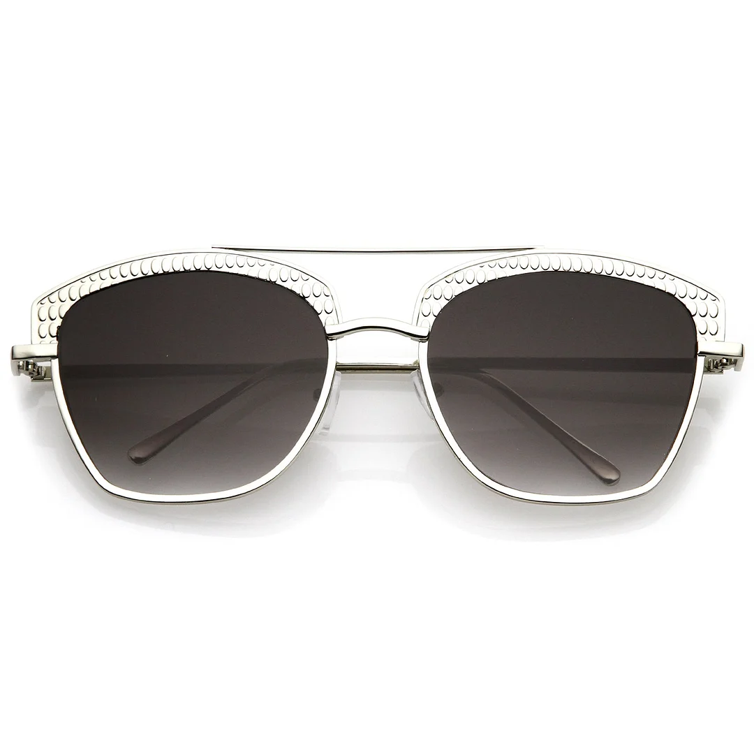 Women's Crossbar Slim Arms Textured Metal Flat Lens Square glasses 58mm