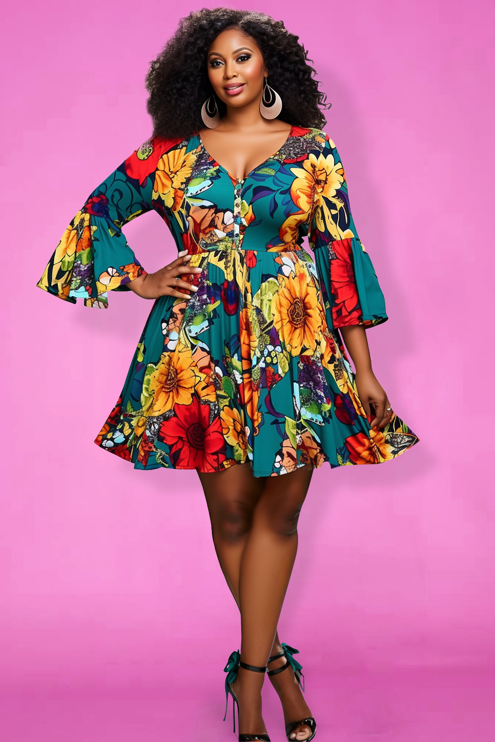 Design Plus Size Beach Multicolor Floral Print V Neck Flare 3/4 Sleeve Ruffle Knitted Mini Dresses [Pre-Order]