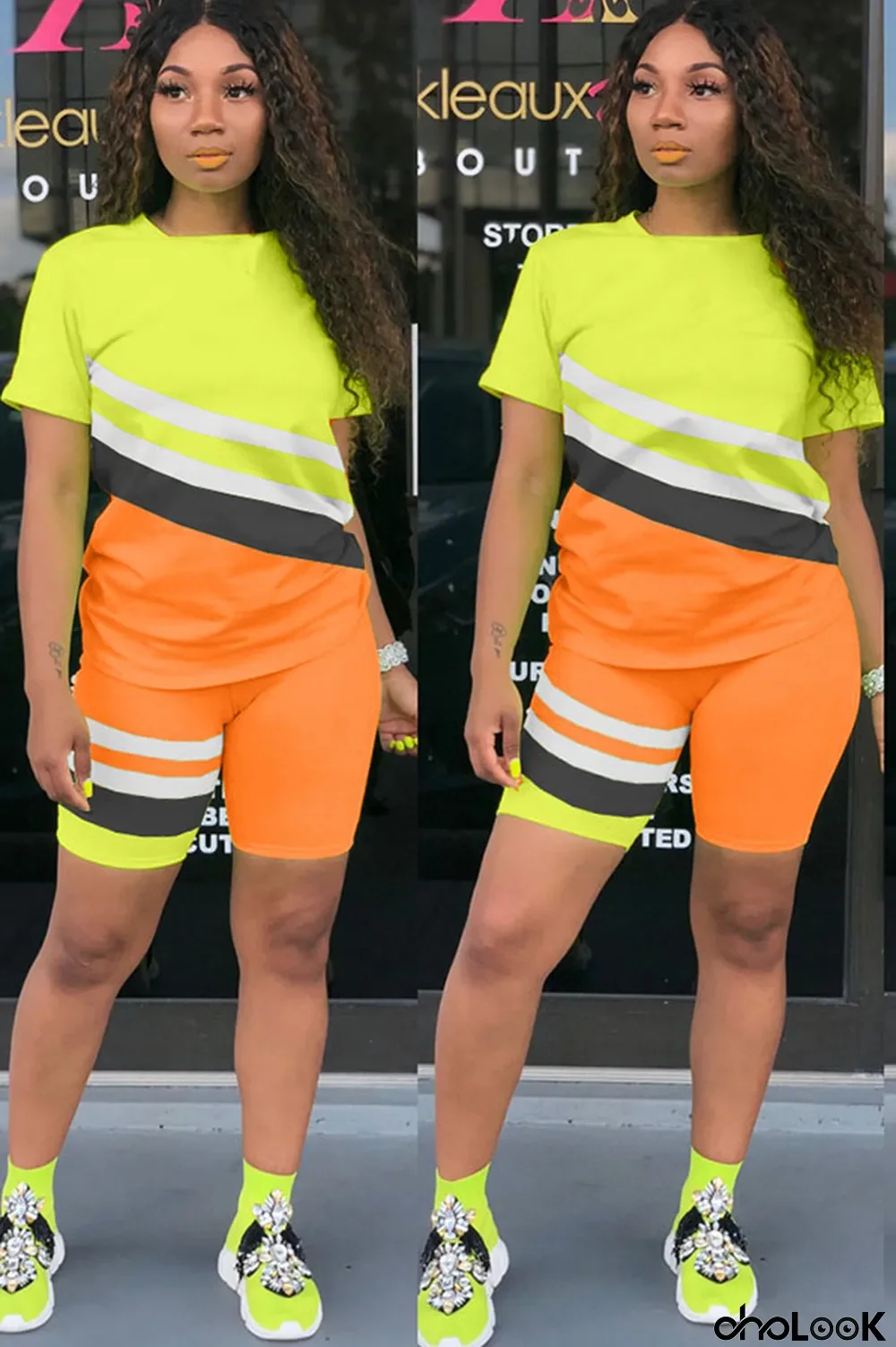 Orange Polyester Fashion Active Patchwork Print Two Piece Suits pencil Short Sleeve Two Pieces