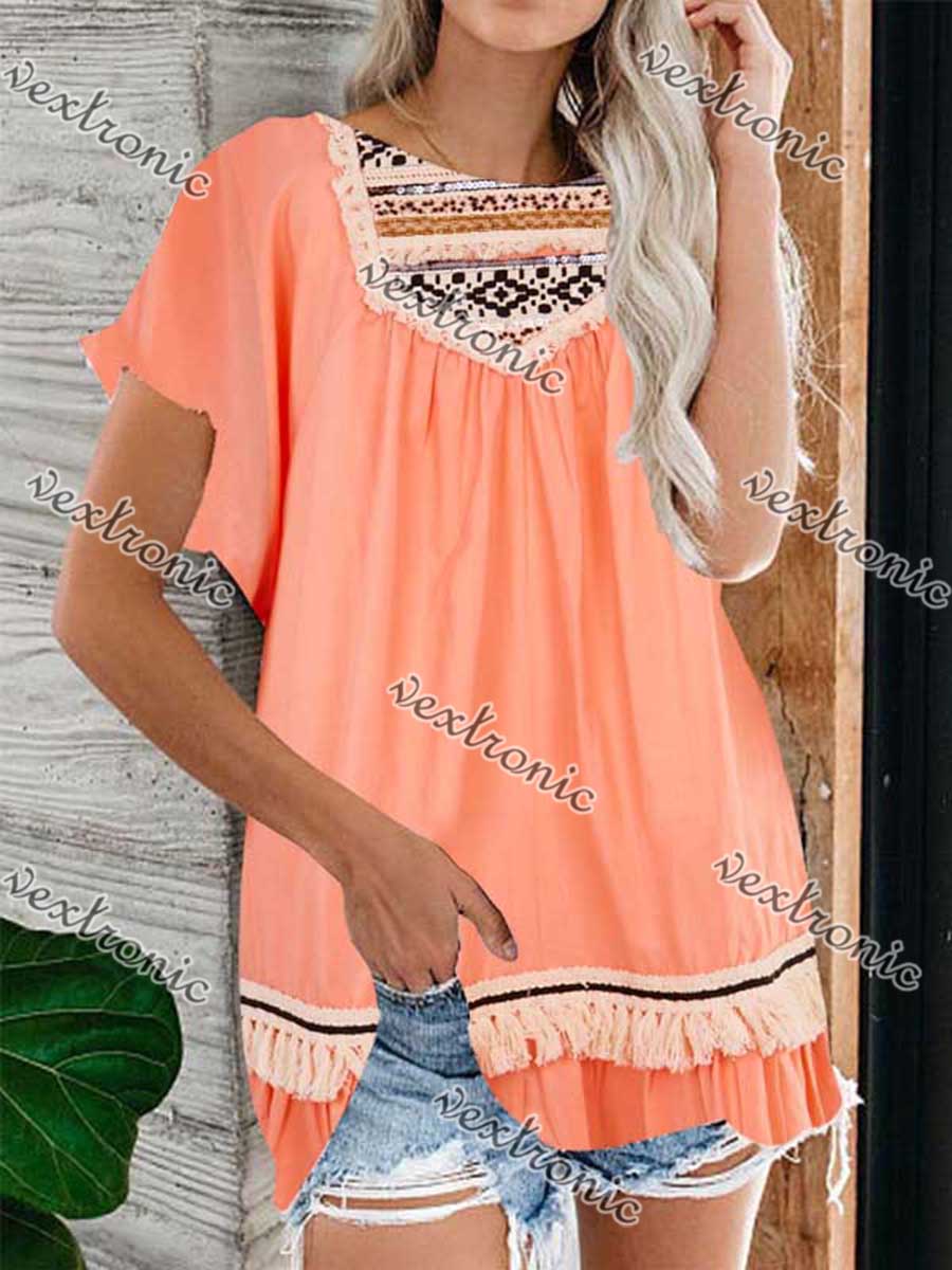 Women Short Sleeve Round Neck Lacy Top T-shirt