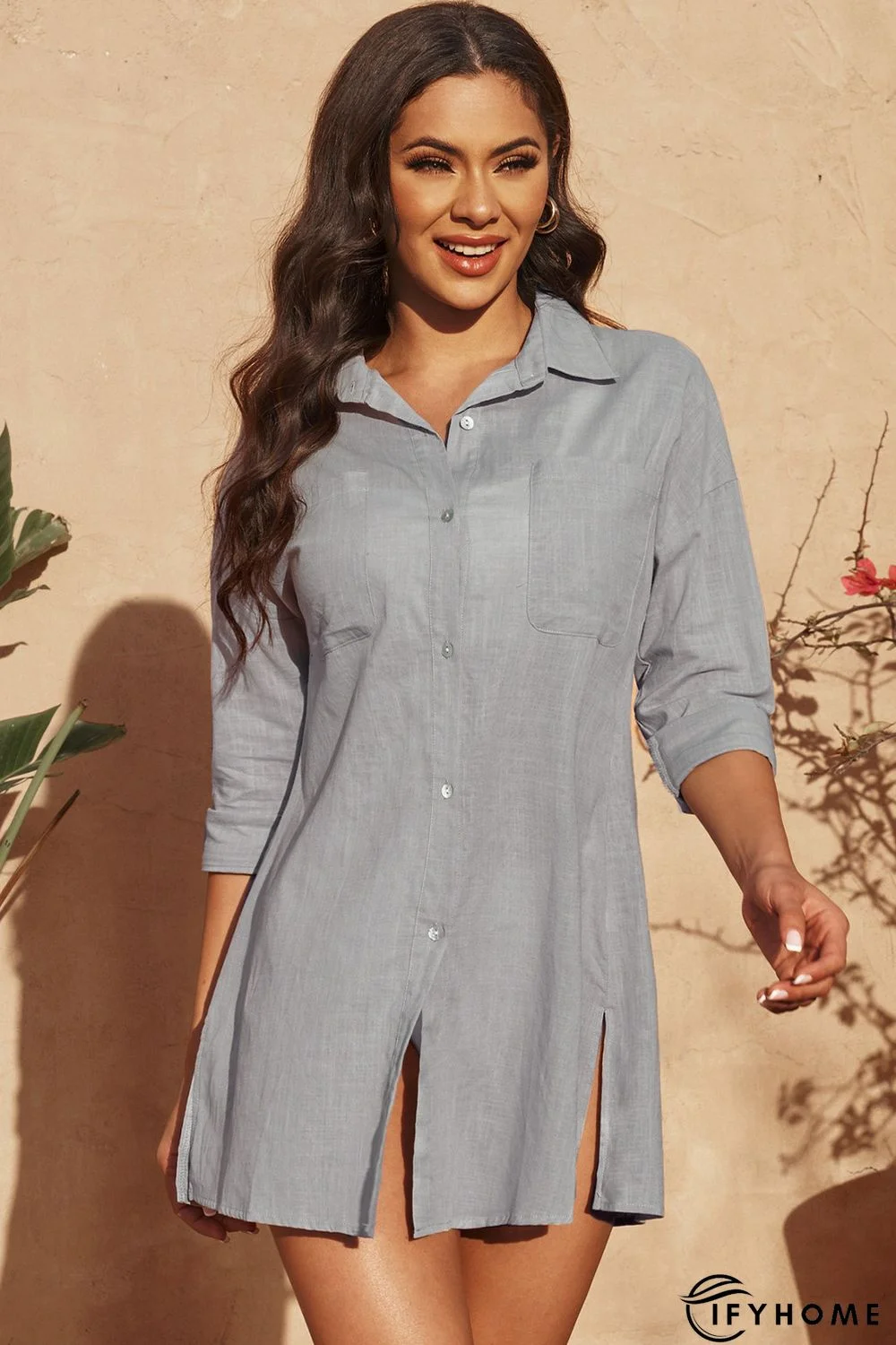 Gray Lightweight Shirt Style Beach Cover Up | IFYHOME