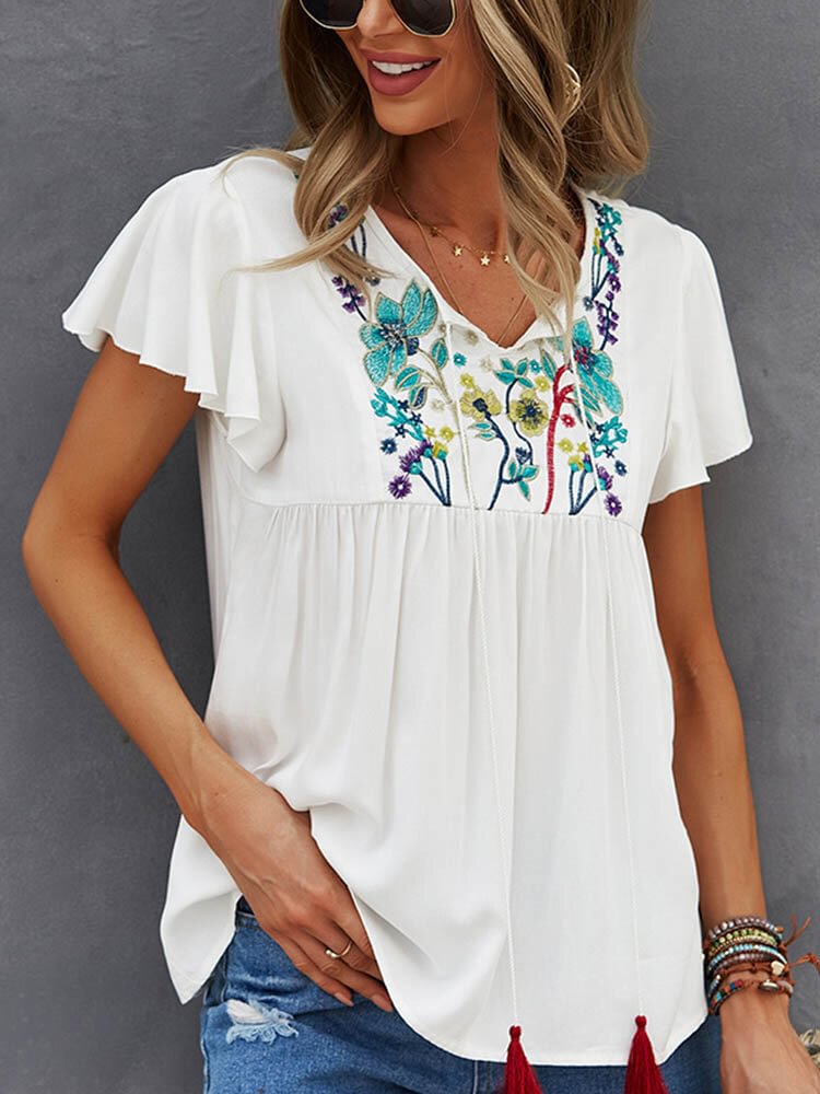 Flower Embroidery V neck Knotted Short Sleeve Women Blouse P1856205