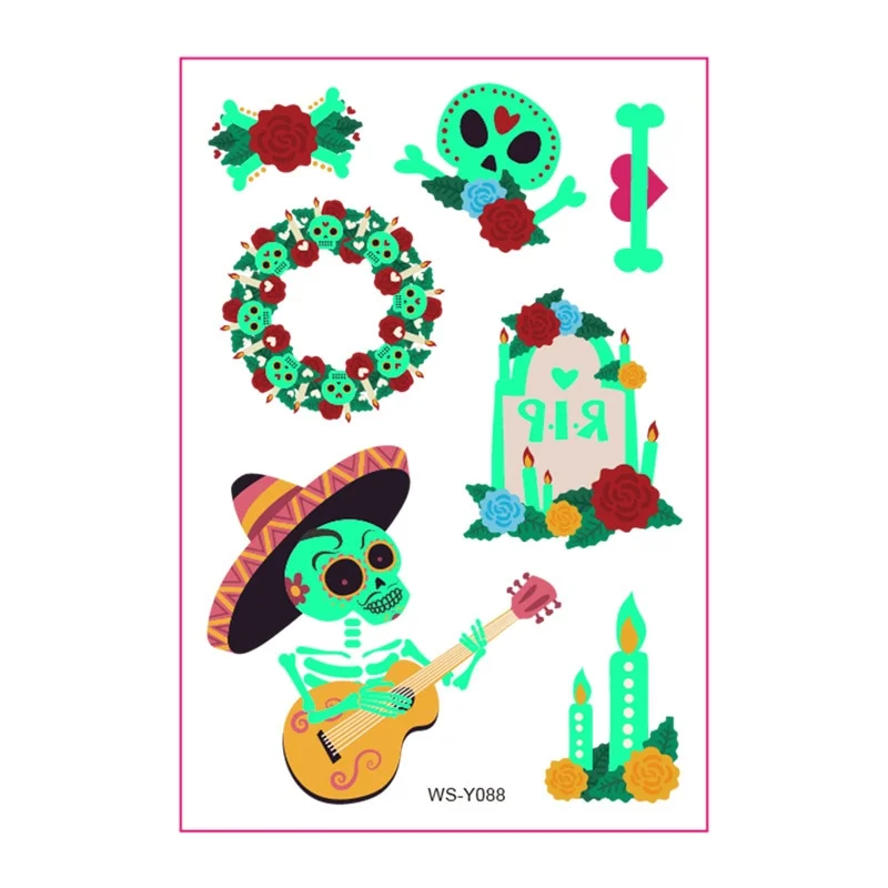 New Day of the Dead Luminous Fluorescent Tattoo Sticker Children's Cartoon Waterproof Guitar Halloween Skull Tattoo