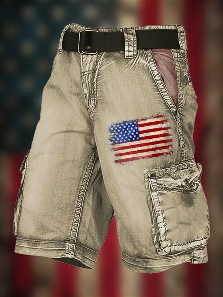 Men's Vintage Flag Independence Day Multi-Pocket Print Cargo Shorts