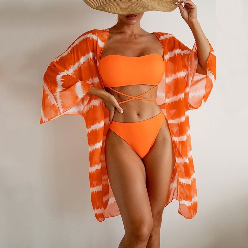 Three Pieces Bandeau Bikini Set Cover Up Women 2023 New Criss Cross Swimsuit and Kimono Female Brazilian Beachwear Bathing Suit