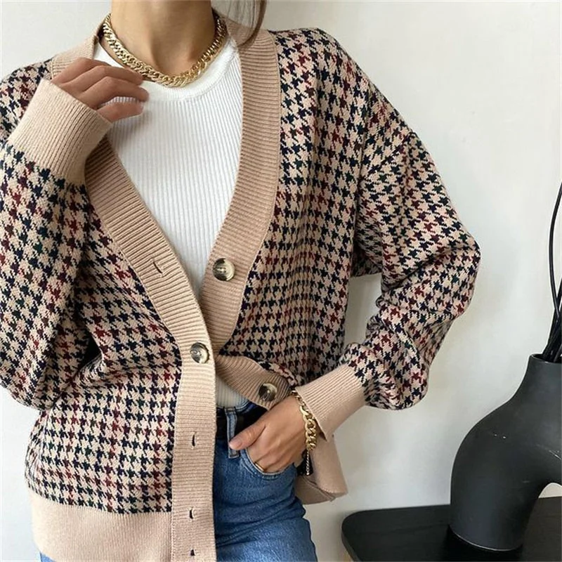 Forefair 2021 Autumn Winter Houndstooth V Neck Oversized Women Cardigan Fashion Long Sleeve Knitted Casual Party Sweaters