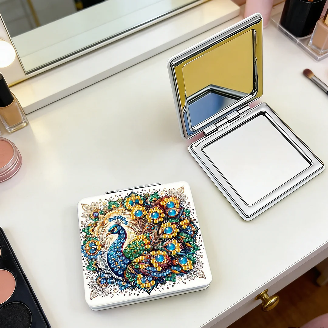Yellow Peacock DIY Special Shaped Diamond Painting Compact Mirror Kits Diamond Art Painting Pocket Mirror for Adults and Beginners