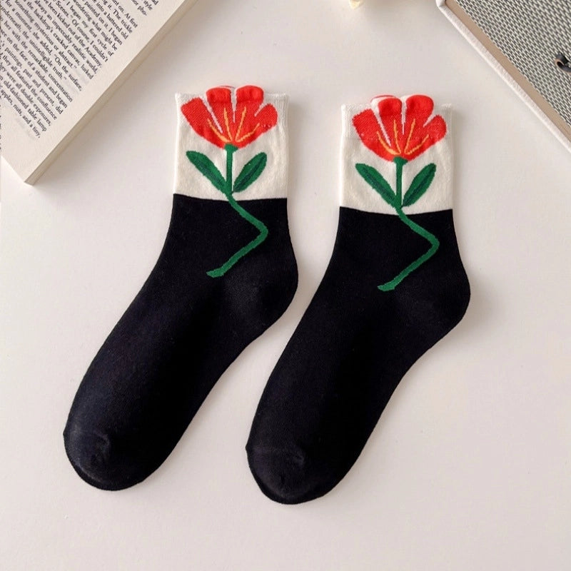 Women’s Casual Flower Cotton Crew Socks A Pair