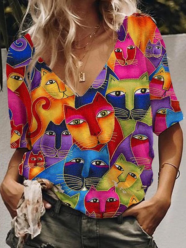 Comstylish Colorful Cat Art Series Print V-Neck Casual Tee