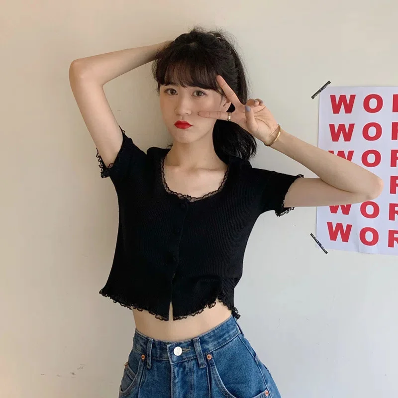 Uveng Uveng Retro Girl Soft Lace Collar Knitted Jersey High-Waisted Short-Sleeved T-Shirt Top