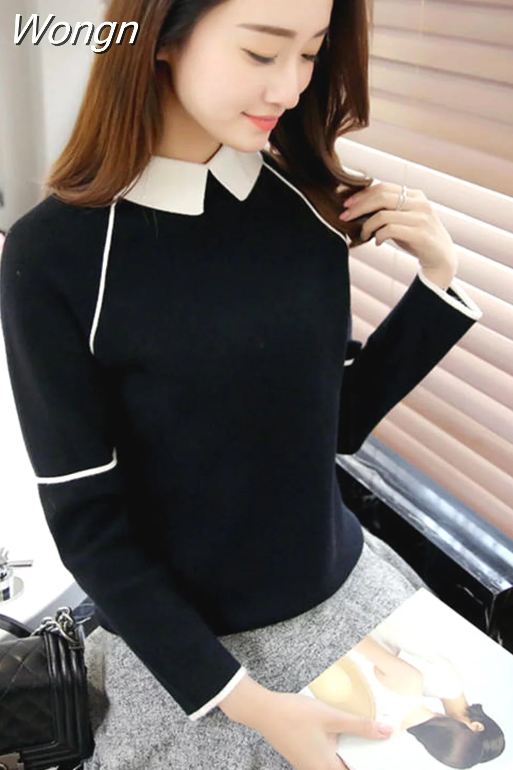 Wongn 2023 New Doll Collar Sweater Women Contrast Color Patchwork Pullover Long Sleeve Fashion Bottoming Sweaters Jumper 37230