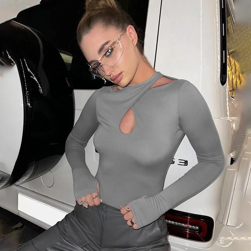 Uveng Uveng New Fashion Show Chest Hollow Out Hanging Neck Money, Sexy Slim Foundation Cross Long Sleeve Jumpsuit