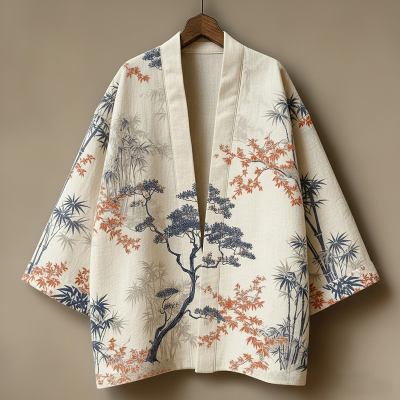 Men's Retro Japanese Tree And Bamboo Print Linen Kimono Cardigan  artssus