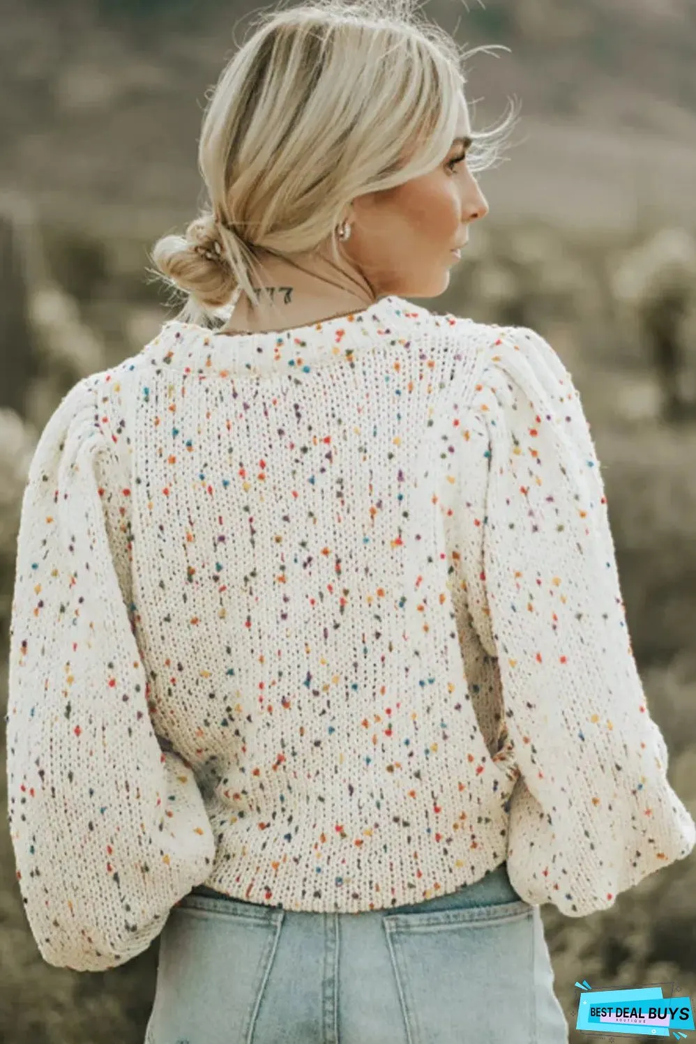 Beige Colorful Dots Cable Knit Crew Neck Sweater